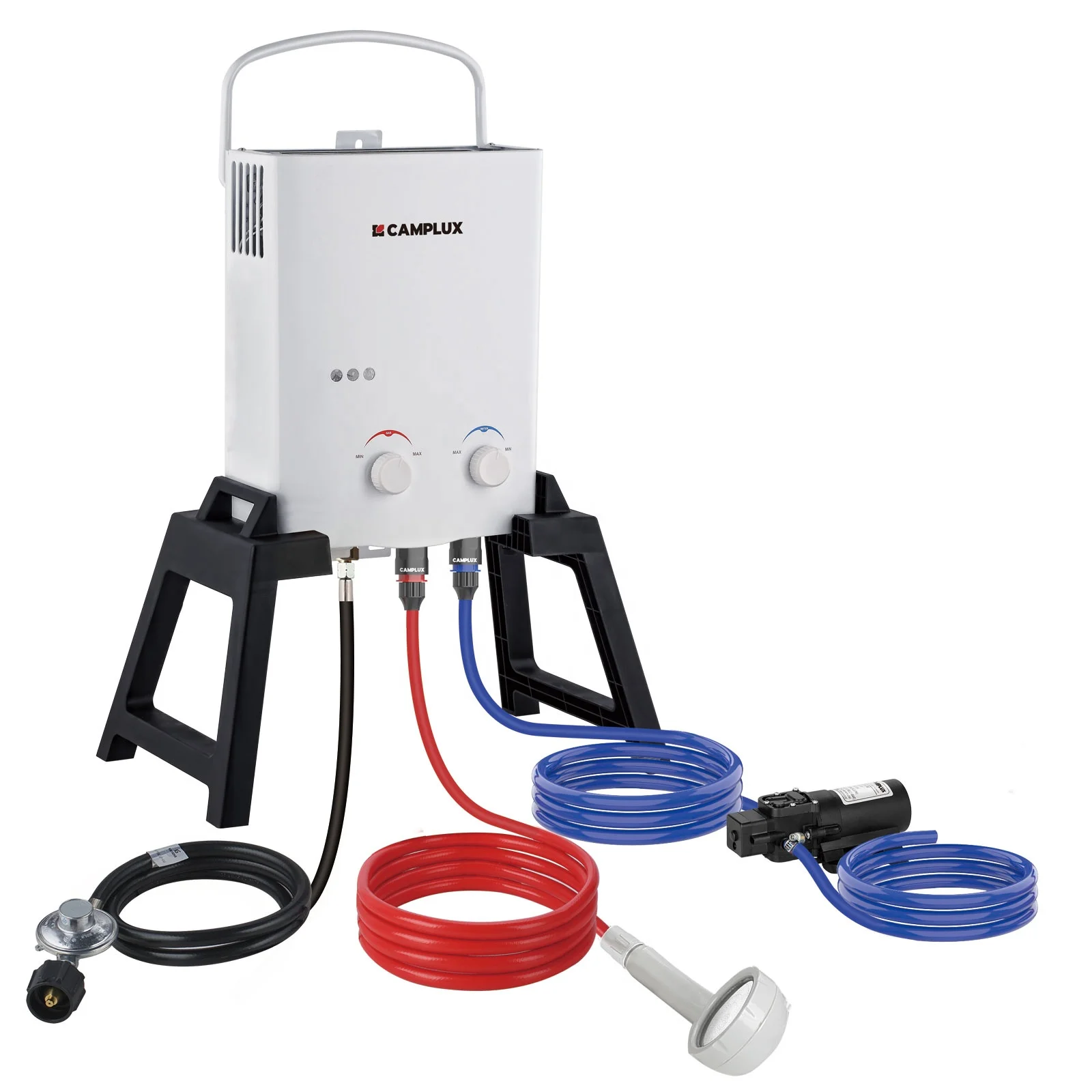 

Camplux AY132Max White 1.32 GPM Outdoor Propane Tankless Water Heater W/ Pump Kit, Stand & Bag For Camping