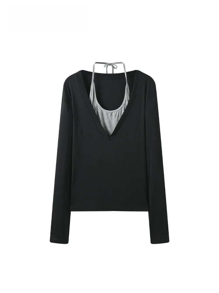 

CaraCLUB футболка больших размеров V-Ne Long Sve, женская осенняя футболка с мясом для похудения, уменьшение возраста, искусственный топ из двух предметов