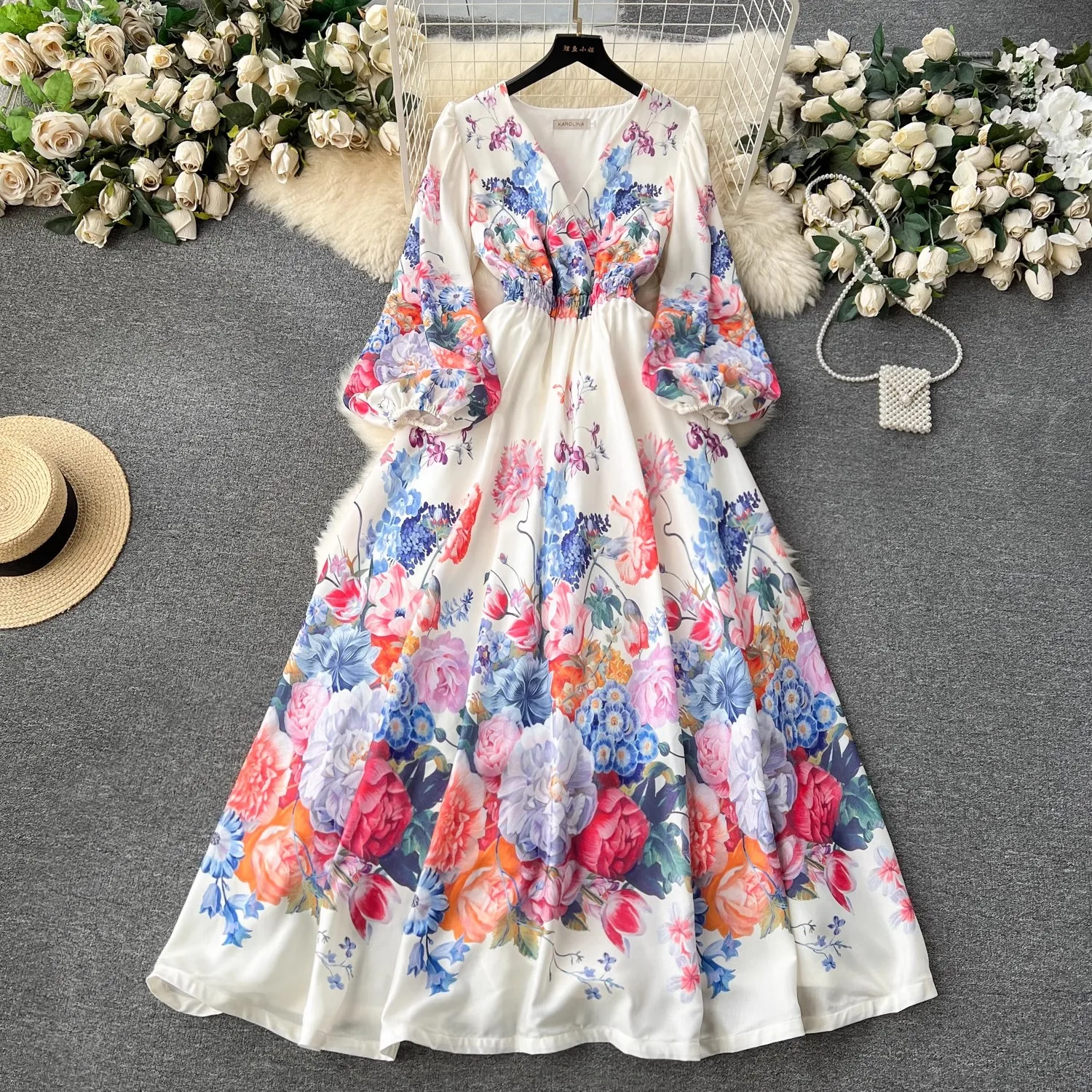 

Spring Holiday Flower Linen Maxi Dress Elegant V-Neck Elastic Waist Long Lantern Sleeve Prom Robe Clothes Party Vestidos 6246