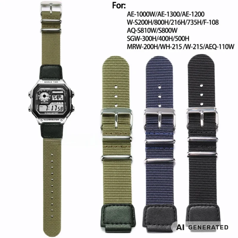 High Quality Soft Thin Nylon Leather Strap Suitable for Casio AQ-S810W AE-1000W AE1200 Steel Ring 18mm Men's Watch Band