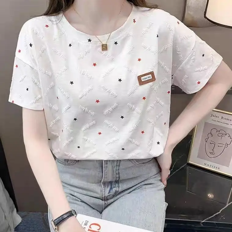 Chic Short Sleeve T-Shirt 2023 Summer  Women\'s Loose White  Top Letter Print Three-dimensional Decoration