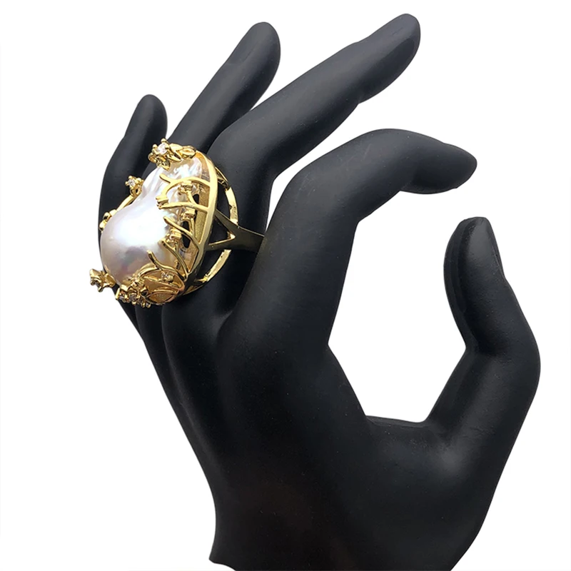Luxury Fashion Big Natural Freshwater Baroque Irregular Pearl Ring Gold/Silver Color Resizable Exaggerated Rings for Women