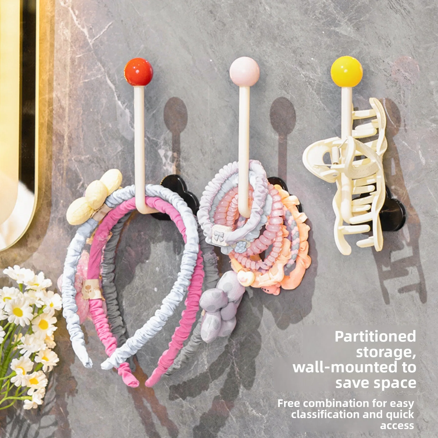 Bathroom Wall Mount Hair Accessory Organizer No Drill Hair Tie Holder Headband Rack Storage Hook