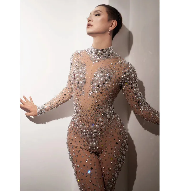 Sexy Transparent Strass Perle Mesh Dünne Overall Bühne Tragen Frauen Geburtstag Abend Party Kristall Trikot Nachtclub Kostüm