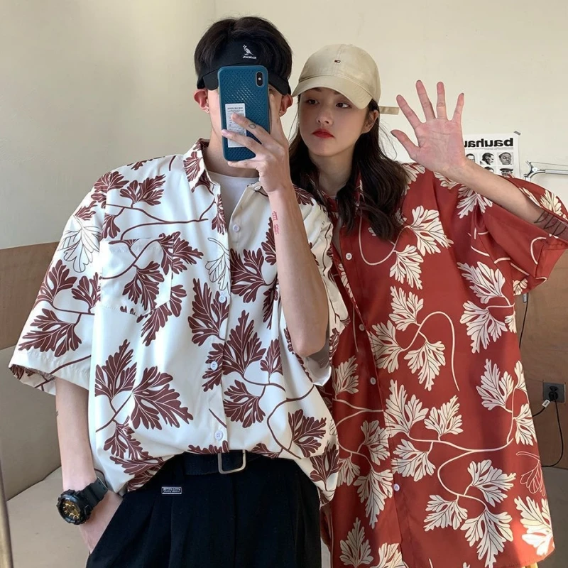 Men & Women Hawaiian Short Sleeve floral shirt Couple Fashion Street Apparel Retro Flower Shirt Luxury Summer Ice Silk Shirt