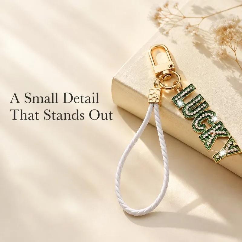 Rhinestone Lucky Letter Keychain White Braided Wrist Strap Elegant Bag Charm Pendant for Women Daily Handbag Decoration Gift