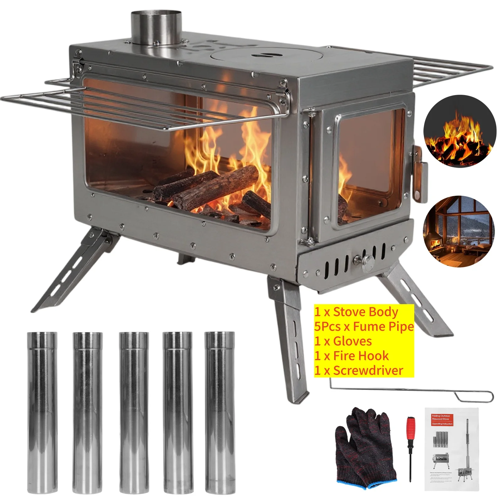 Chimenea sin humo de acero inoxidable, estufa de leña de combustión secundaria, estufa de tienda de campaña con tubos y guantes de chimenea con 5 tubos para