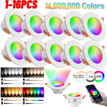 1-16PCS 스마트 LED 통 LED 천장 매립형 다운 라이트 디밍 가능 스팟 램프 10W RGB +CW+WW 변경 가능 LED 통