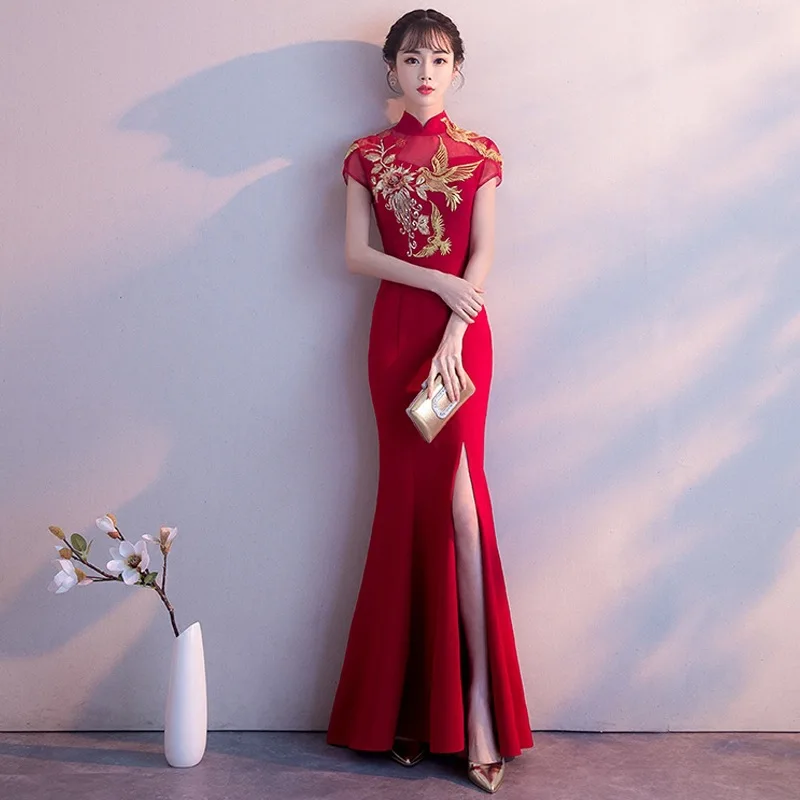 

Burgundy Mandarin Collar Women Satin Mermaid Dress Slim Elegant Cheongsam Vintage Button Elegant Princess Dresses Modern Qipao