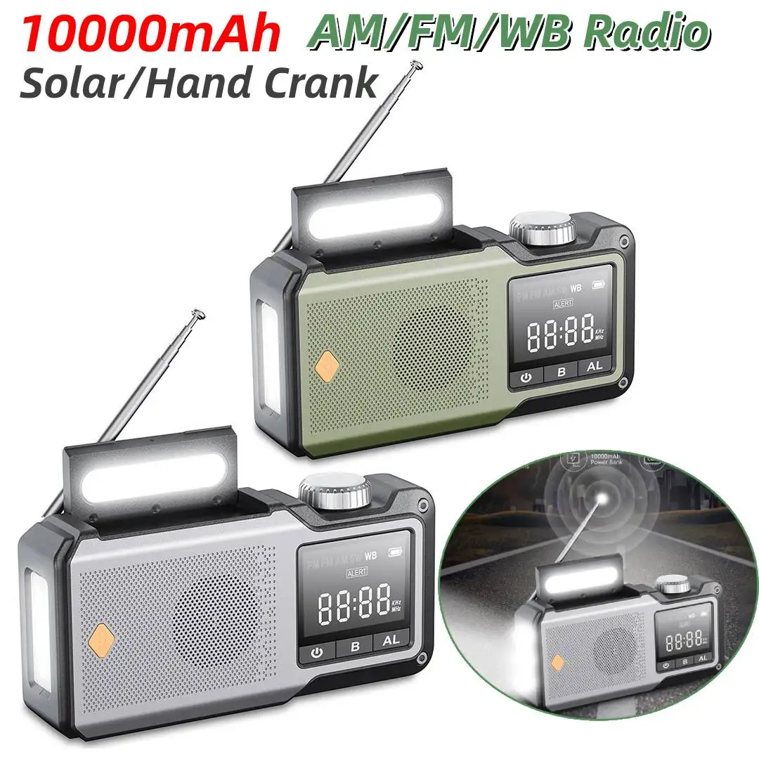 

10000mAh Hand Crank Emergency Radio Solar Powered Radio AM/FM/WB Weather Radio Solar Radio for Outdoor Camping and Emergency