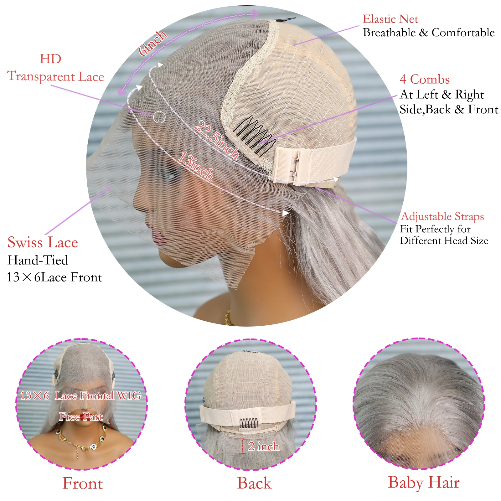 13x6シルバーグレーストレートレースフロント人毛ウィッグ200%プレプラッキング透明レースフロントウィッグ女性用ブラジル人毛ウィッグ