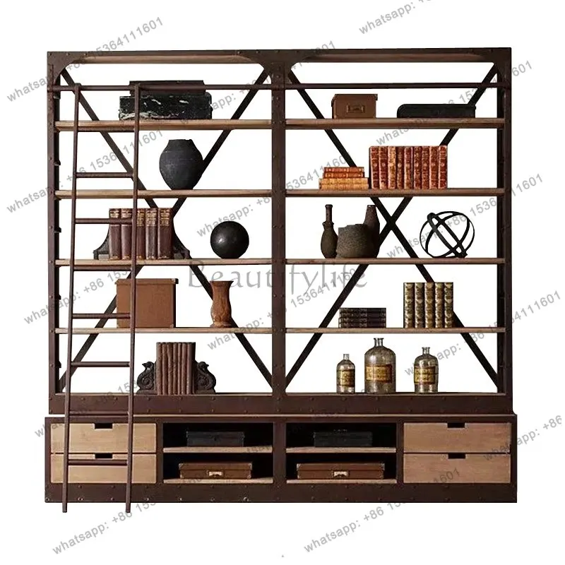 

Nordic American wrought iron storage solid wood partition industrial style retro assembly floor bookshelf