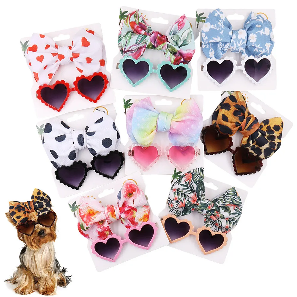 

2pcs/set Cat Dog Glasses Pet Small Dog Fashion Heart Glasses for Small Dog Cat Pet Photos Props Accessories Headband Bow