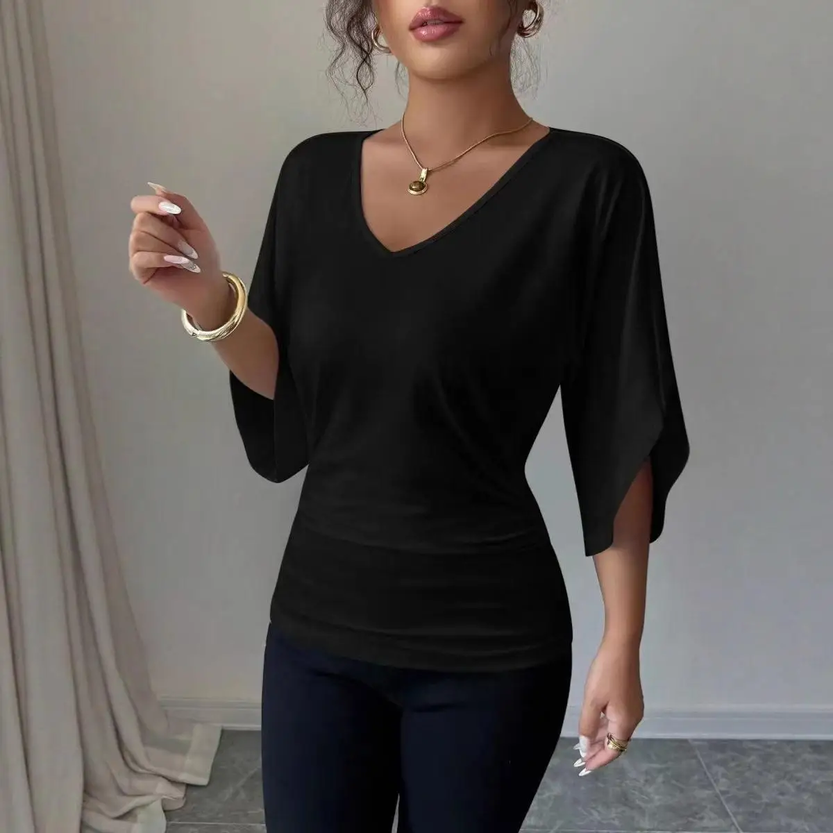 

plus Size Casual Color Asymmetrical Sleeve Top for Women Spring Autumn New Style Loose Fit Regular Style Polyester Mate...