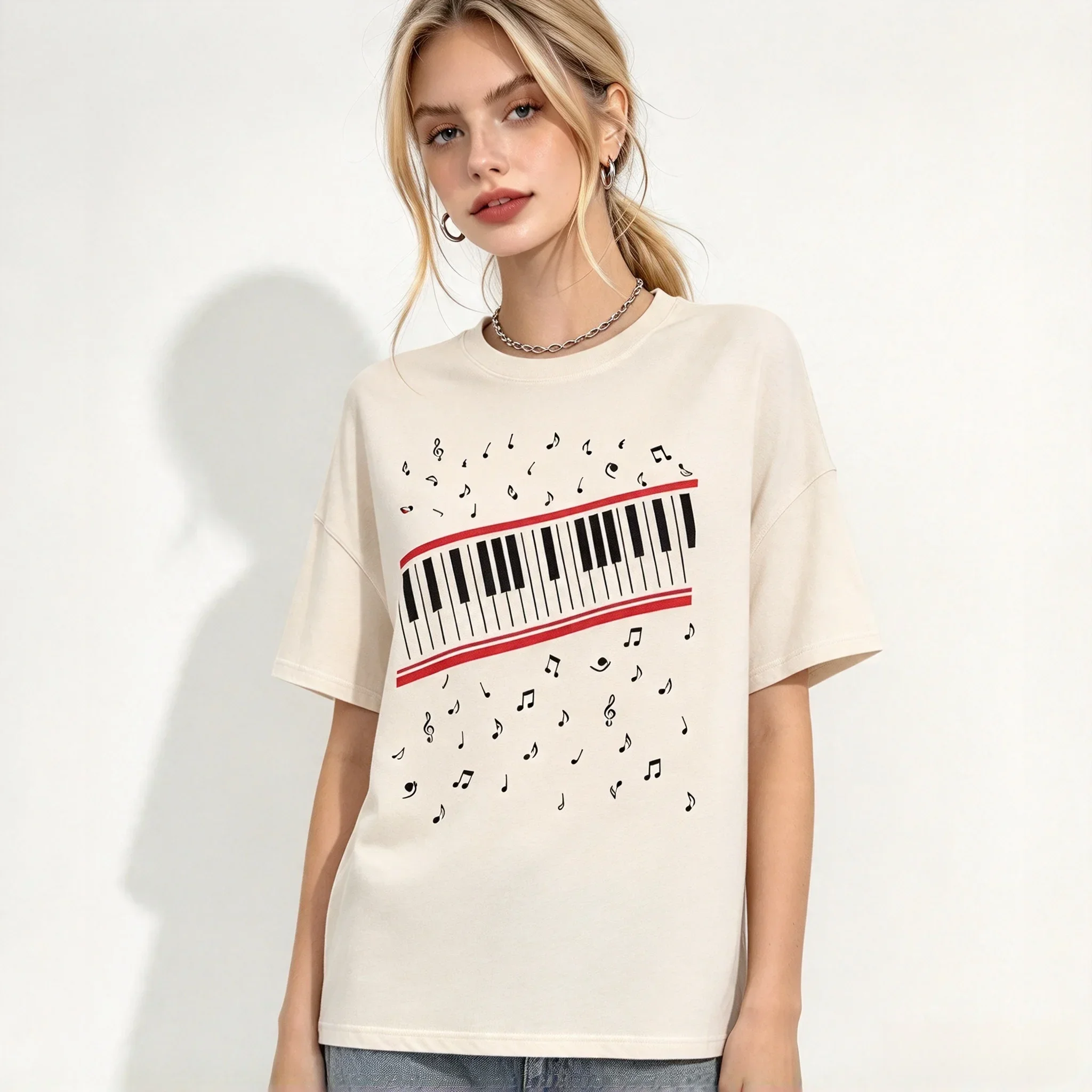 2026 Piano Keys. Patterned Cotton Short-sleeved Round-neck Top for Both Men and Women Featuring The King of Pop Music Design.