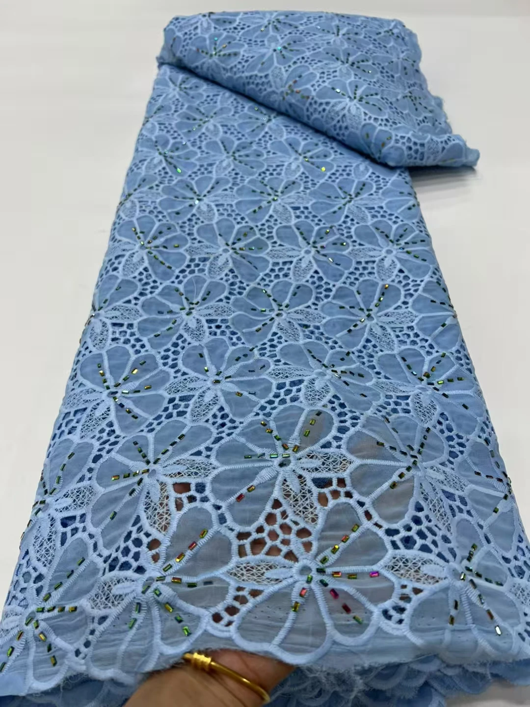 

New Design Sky Blue Beaded French Water Soluble Lace Fabric 2025 High Quality African Nigerian Guipure Cord Lace Fabric KR25128