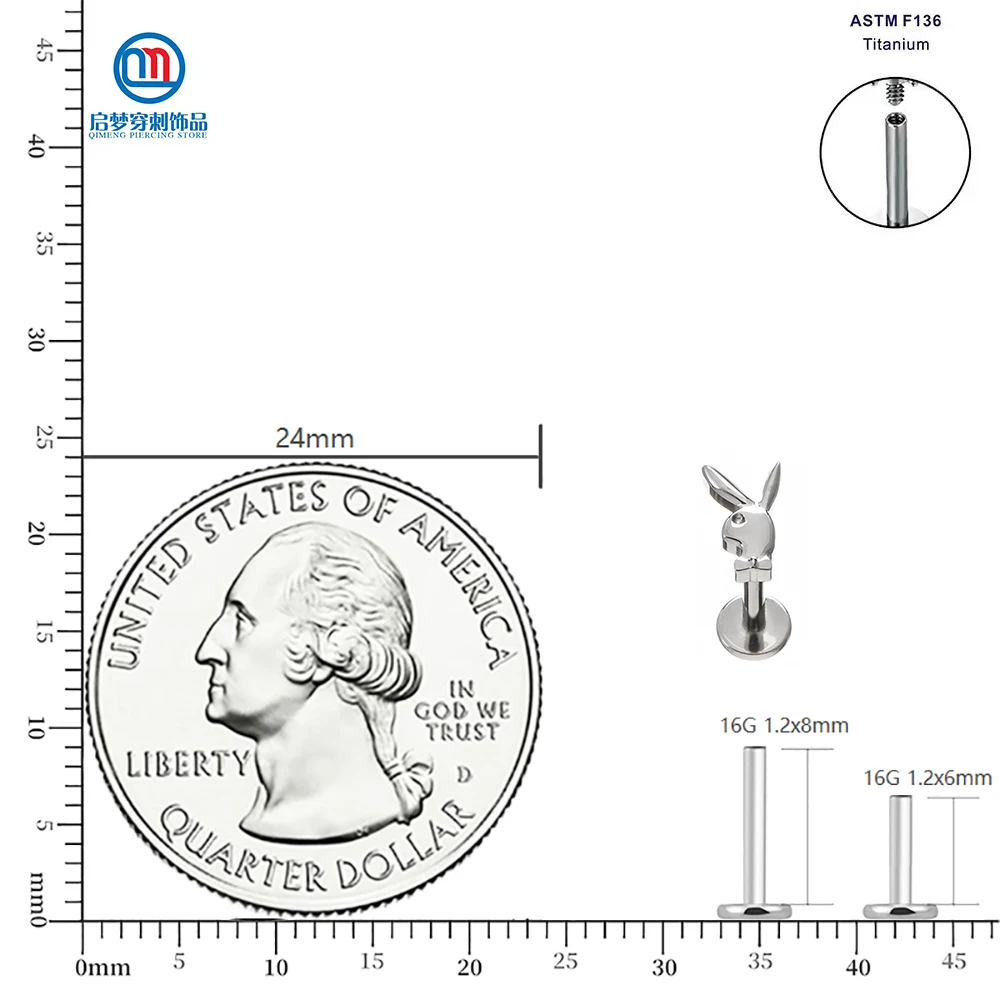 ثقب علوي على شكل أرنب من التيتانيوم ، قرط Labret ملولب داخلي ، مجوهرات جسم مسطح Tragus ، QM ASTM F136