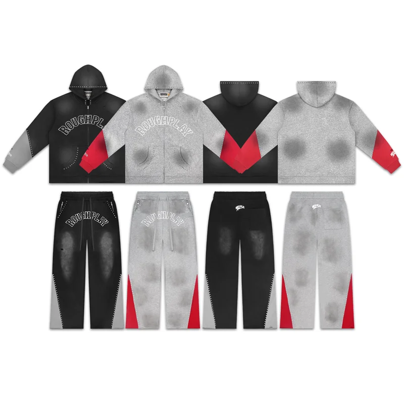 High Street Distressed Gradient Rhinestone Man Sets Letter Print Color Block Sleeve Rough Play Hoodies Wide Leg Pants Sets