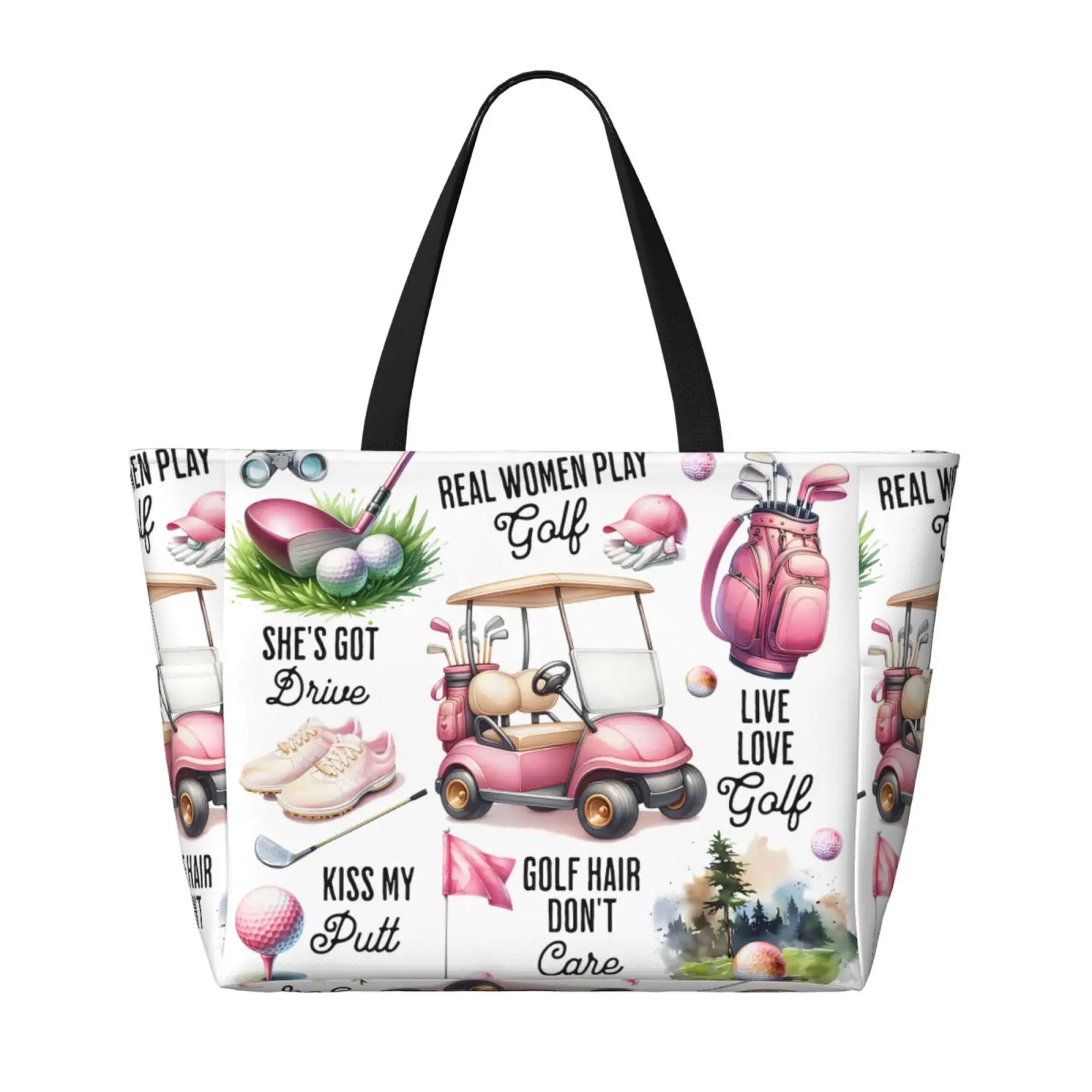 Women Golf Cartoon Print Large Sports Tote Bag Multi Pocket Shoulder Handbag with Side Cup Holders for Lady Golfers