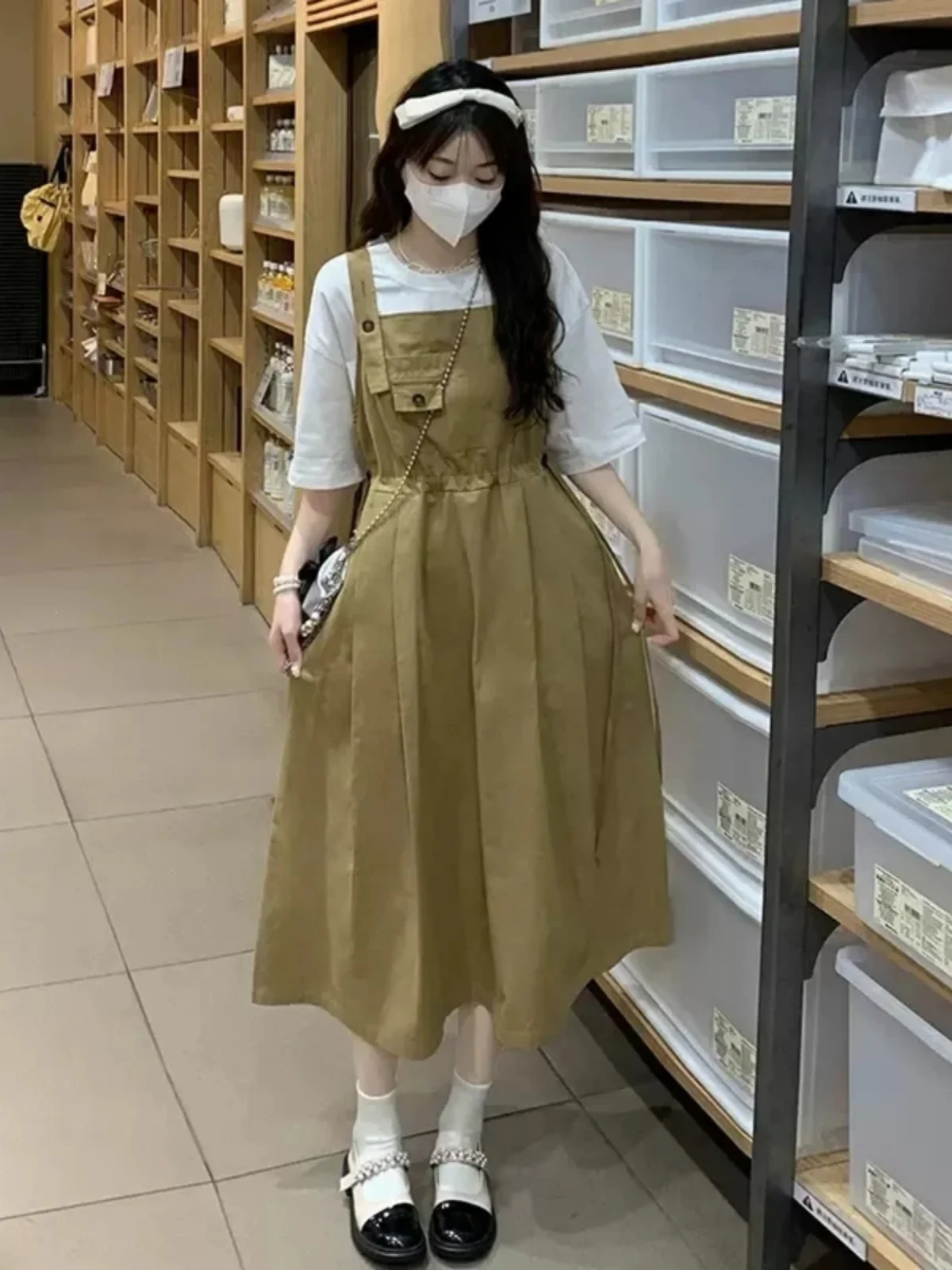 포레스트 시스템 디자인 달콤하고 짭짤한 컬리지 스타일 스트랩 드레스 여성 티셔츠 학생 허리 조임 투피스 세트