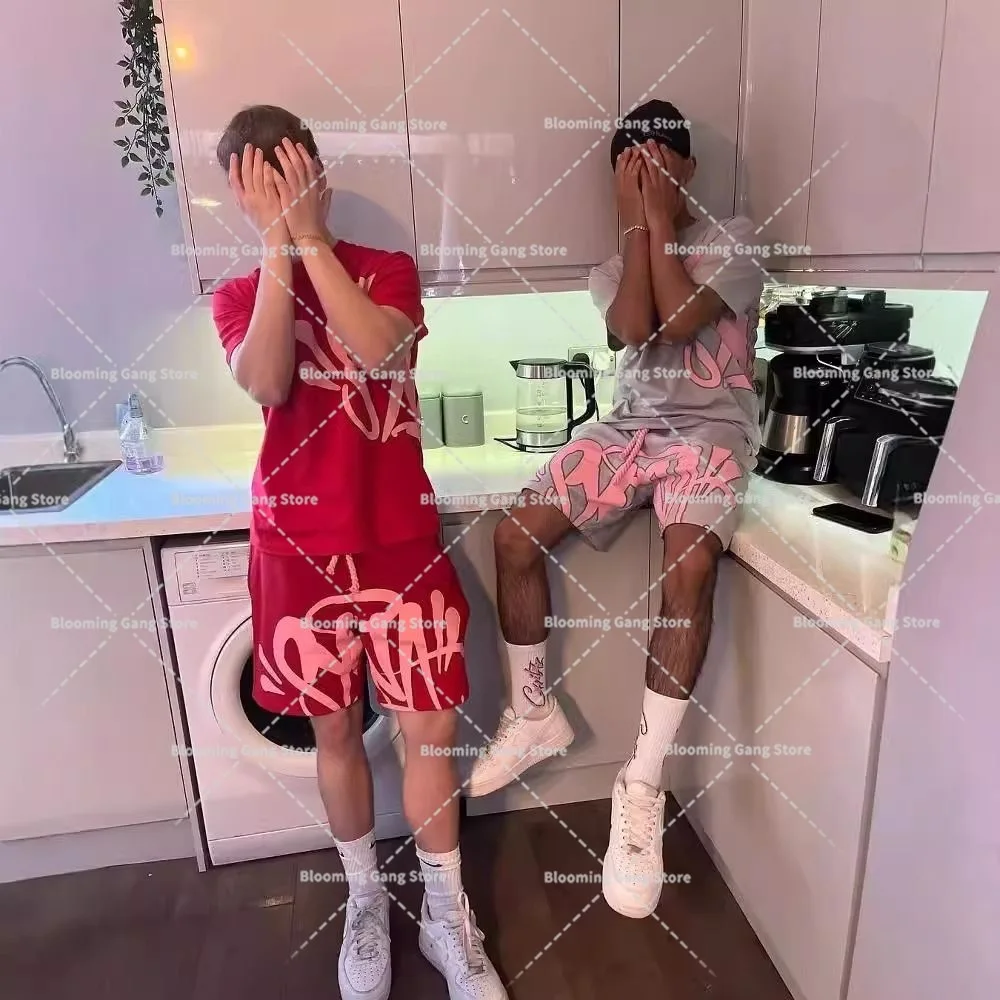 

Pink Pattern Graffiti Men Clothing Korean Street Casual Style Summer Suit Short Sleeve Drawstring Shorts Comfortable Hot Style