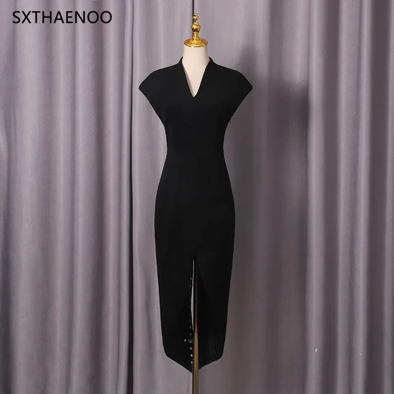 เดรสยาวแฟชั่นทรงสลิมแบบต่อผ้า สายเดี่ยว คอวี แขนสั้น ทรงทูนิค ผ่าข้าง สไตล์วินเทจ สำหรับผู้หญิง