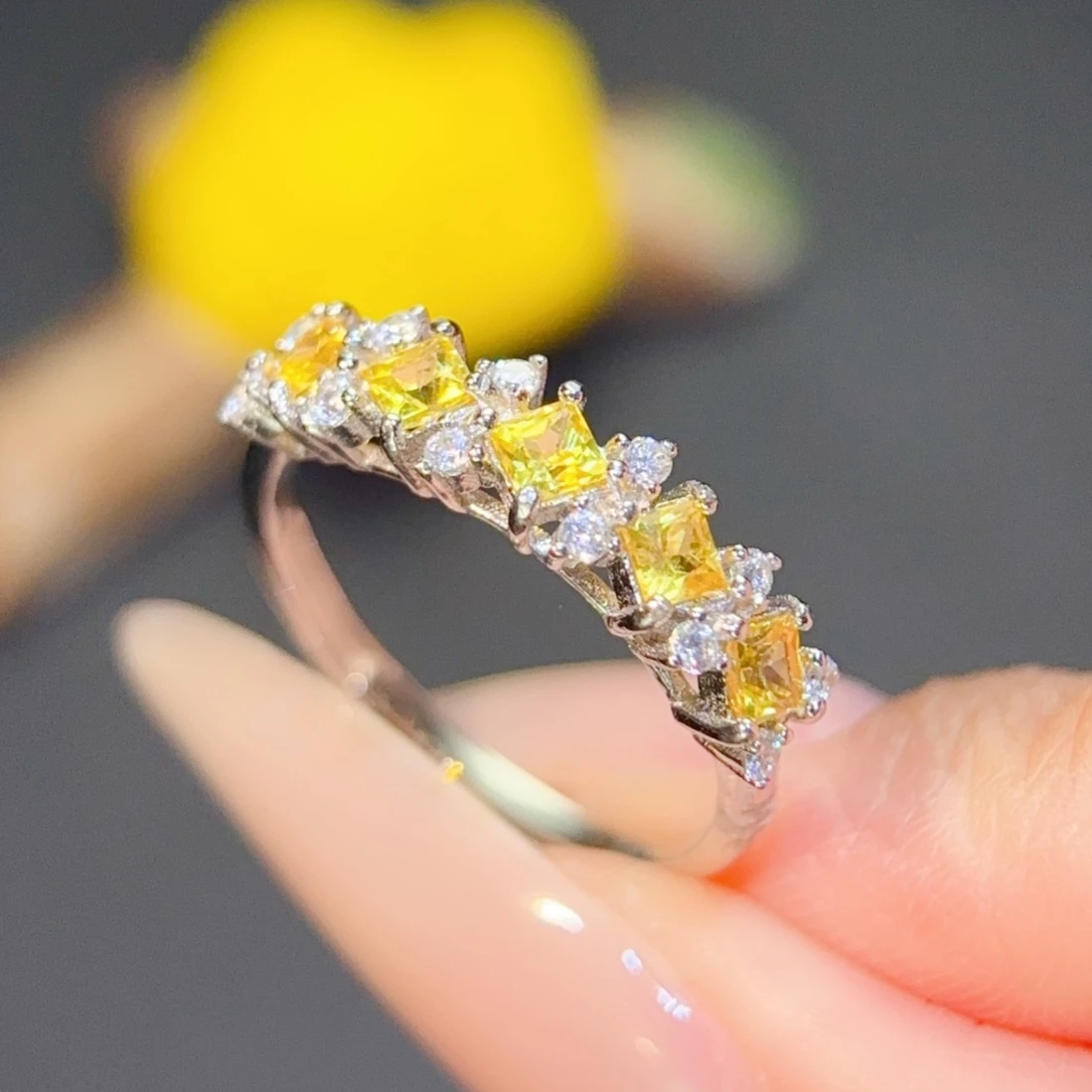 Genuine Yellow Sapphire Ring 3mm 0.6ct Natural Sapphire Jewelry with Certificate 925 Silver Half Infinity Rings for Women