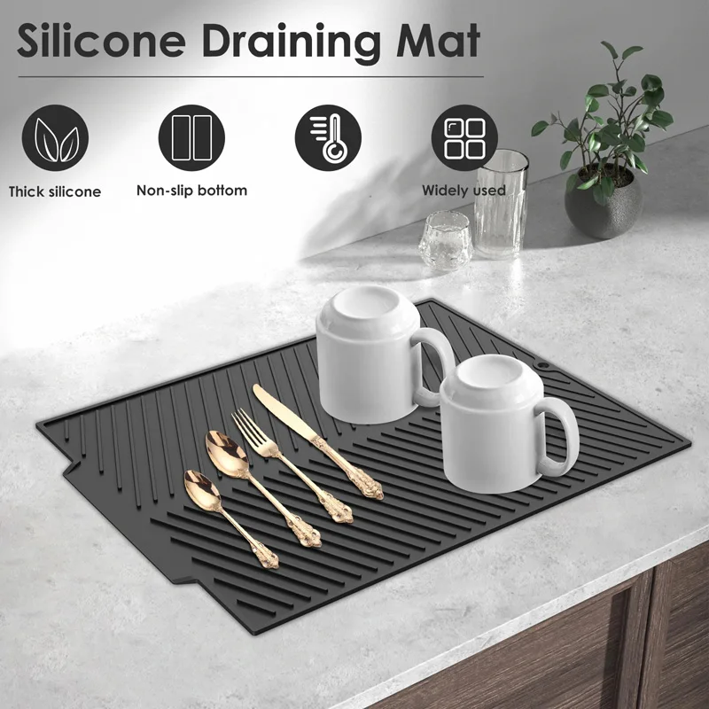 WCIC S/M/L Silicone Draining Board Mat Dish Drying Pad Folding Heat Resistant Rectangle Eco-Friendly Drainer for Kitchen Pot Cup