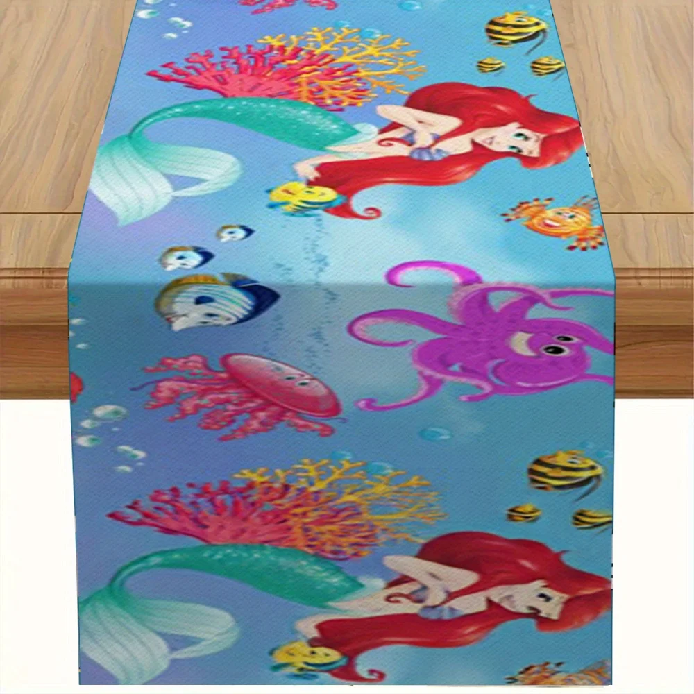 قطعة واحدة من مفرش طاولة بطابع حورية البحر الصغيرة، مطبوع مع مخلوقات أرييل وبحري، مناسب لغرف الأطفال، وحفلات ديزني، إلخ