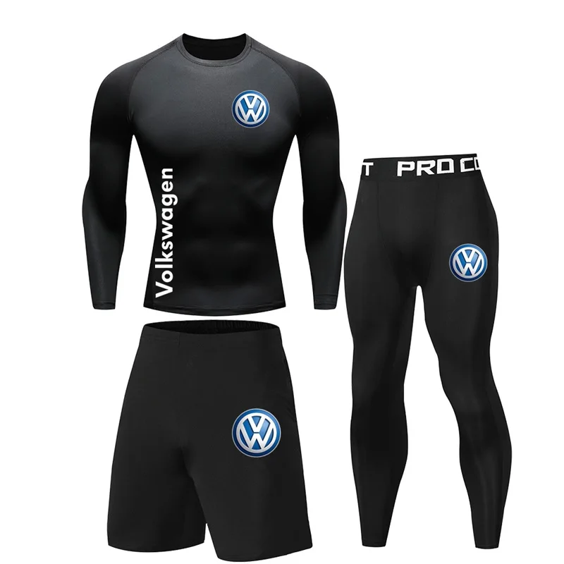 2026 Volkswagen Logo Printed Fitness 3-Piece Set, spring Men's Fitness Gym Fast Drying Long Sleeve Shorts Long Pants