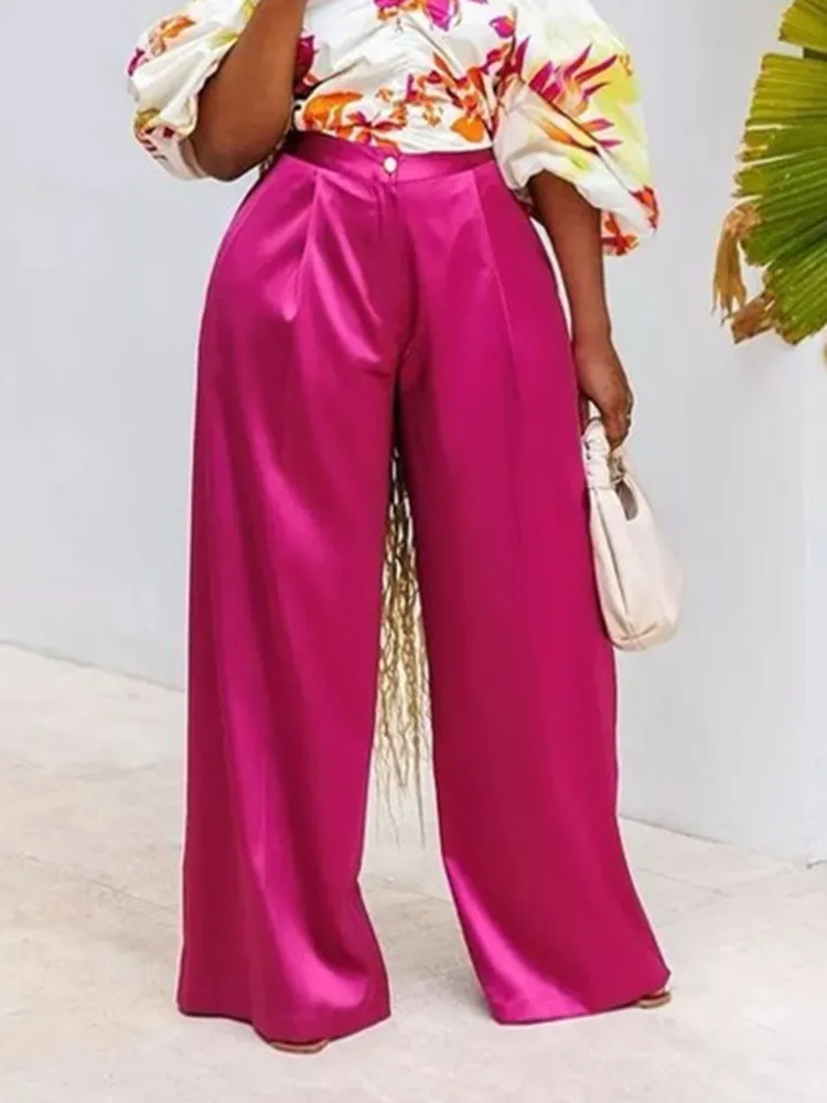 Women Pants High Waist Shiny Wide Leg Elegant Casual Trousers with Zipper Elastic Waist Female African Fashion Office Business