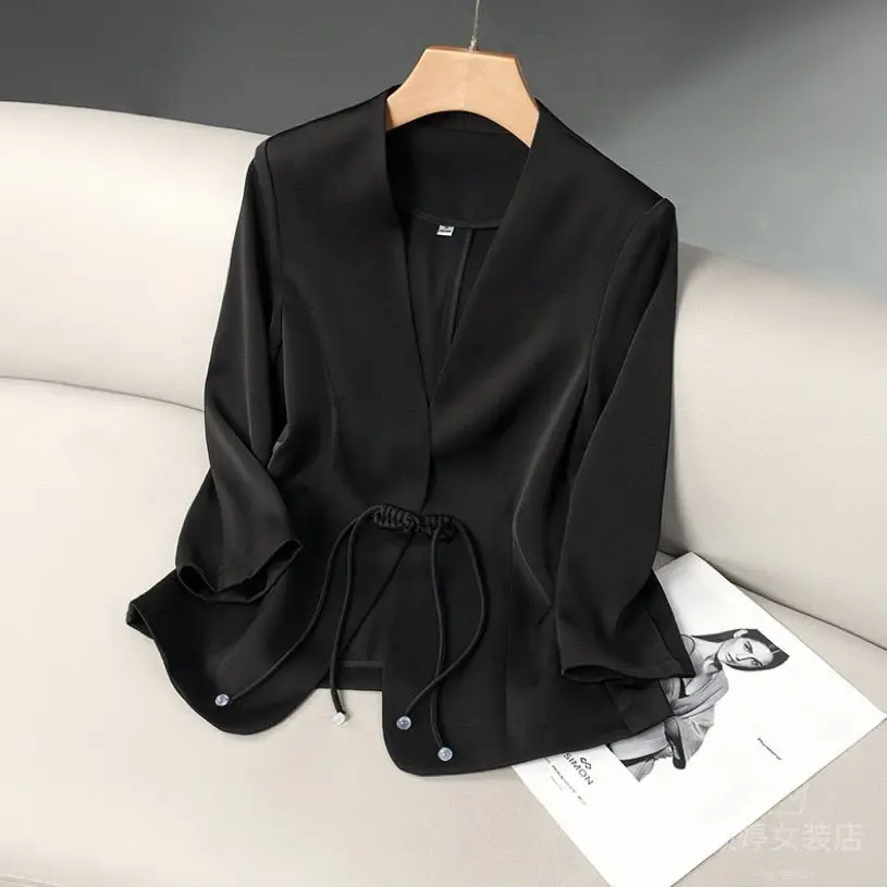 V-neck Short Style Stylish Suit Jacket With 3/4 Sleeves, 2024 Summer Slim Fit Suit For Women