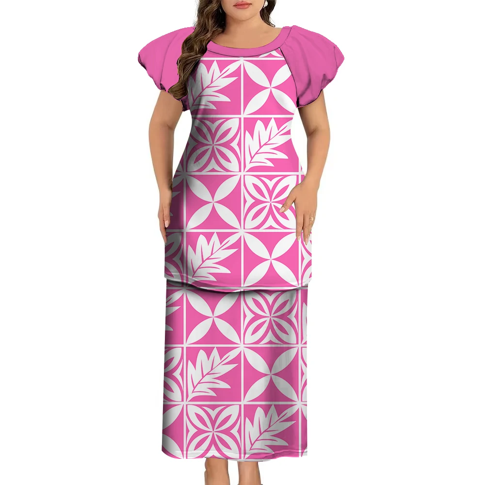 Samoa Club Ladies Puletasi Polynesian Ladies Custom Vintage Print Long Dress Soft Fabric Summer New Elegant Women\'S Wear