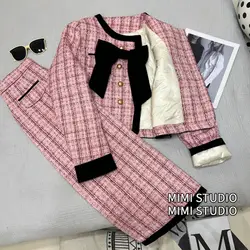 Primavera due pezzi francese piccola fragranza autunno e inverno Tweed due pezzi Plaid signore fiocco cappotto corto + minigonna a vita alta