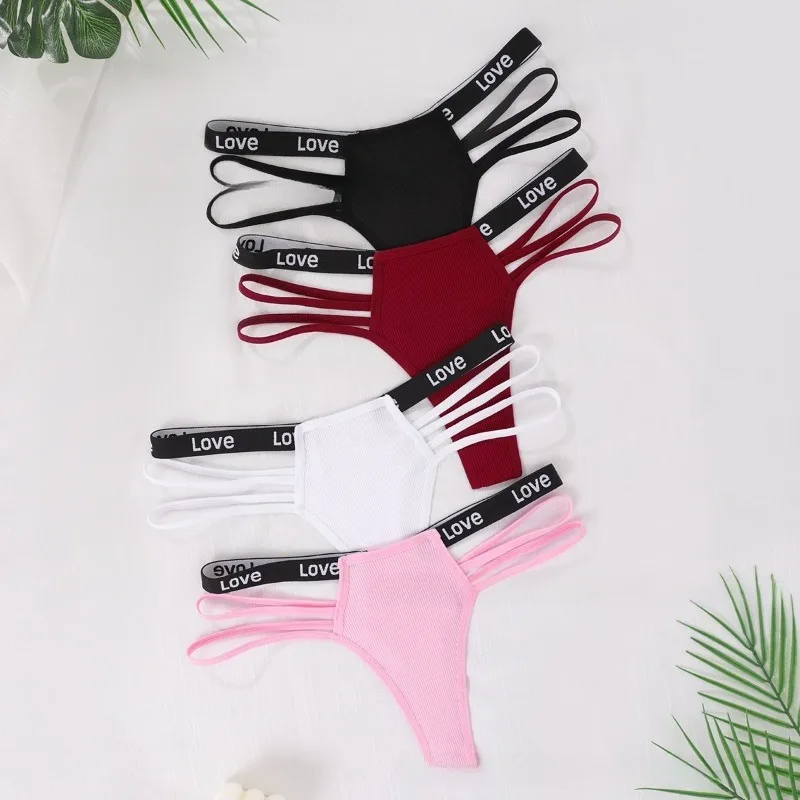 

4 шт./упак., новый стиль, женские стринги в рубчик с низкой талией, нижнее белье, дышащие удобные женские стринги с буквенным декором, элегантное нижнее белье