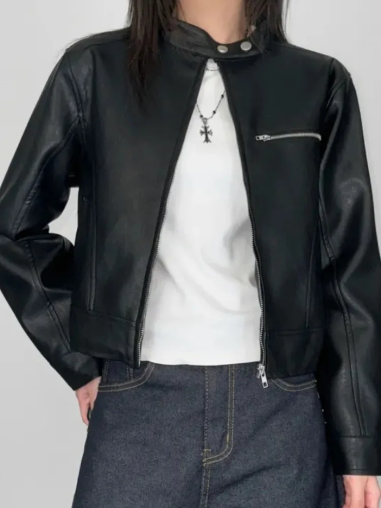 معطف Sli Retro Biker Leather Jaet Long Sve f بياقة عالية وسحاب متعدد الاستخدامات وياقة واقفة للدراجات النارية للنساء #5