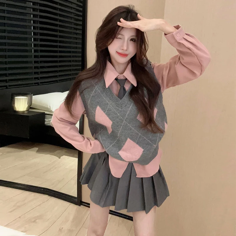 

Ele College Sle Knitted Vest Skirt Set Korean Drama Inspired Women's Faion Spring Collection 2025 New Arrival