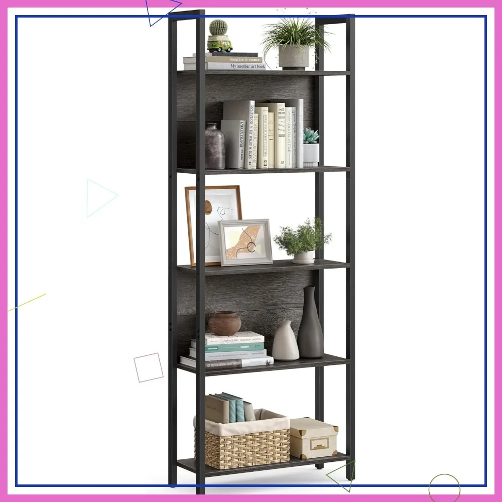 Libreria industriale a 5 livelli con struttura in acciaio, 9,4x24,4x65 pollici, grigio antracite e nero per ufficio domestico