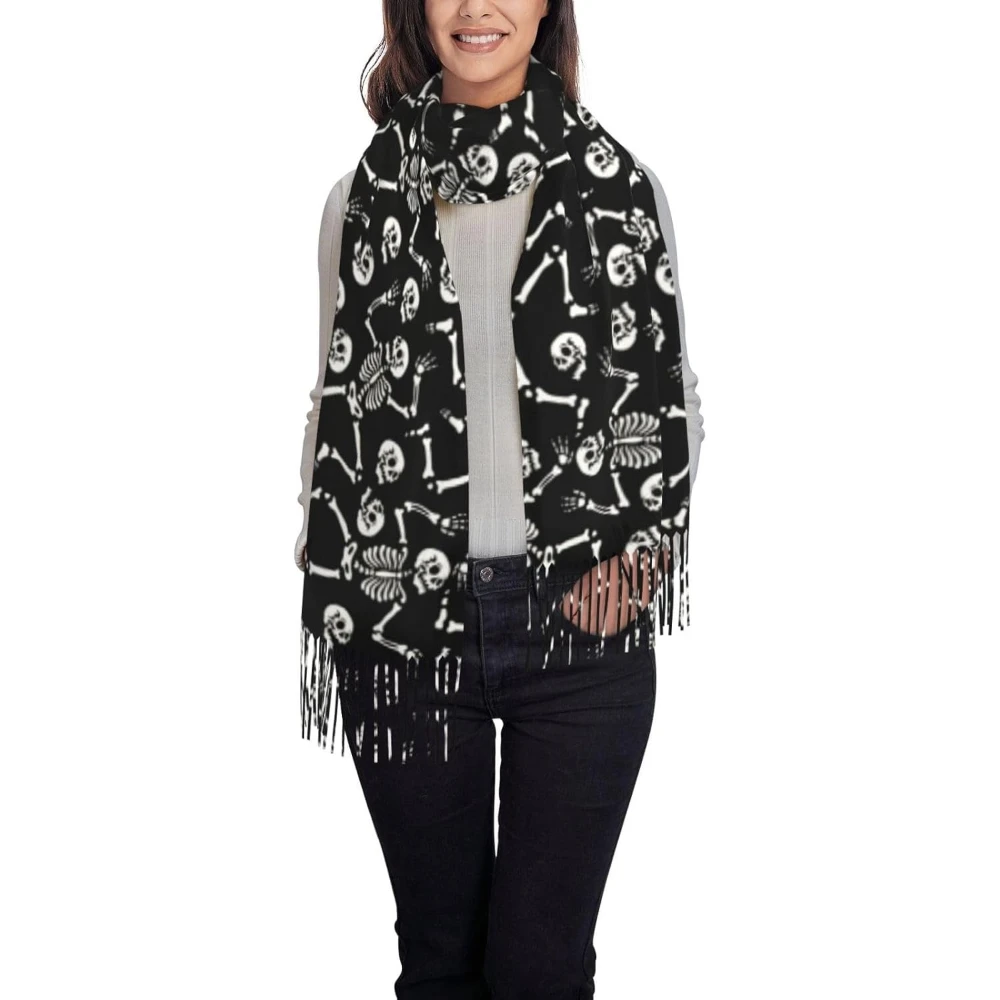 

Женский теплый шарф со скелетами и танцевальным принтом, шарф с кисточками, теплая женская шаль с бахромой, накидки