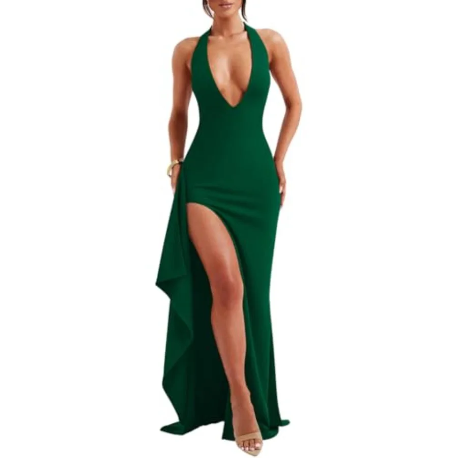 

LAGSHIAN Women's Sexy Deep V Neck Halter High Split Backless Cocktail Party Formal Maxi Dress