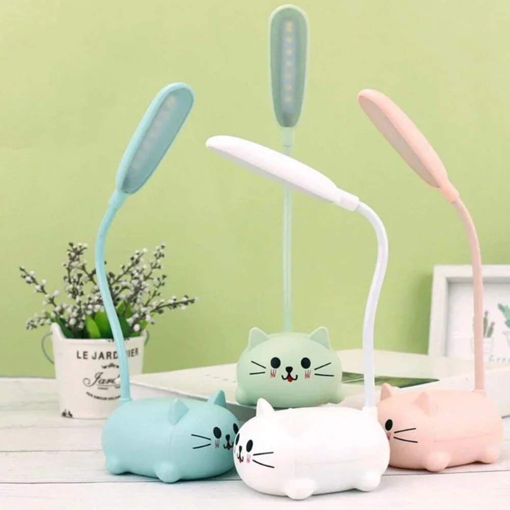 Kid Light USB Rechargeable LED Desk Lamp Kid Cute Cat Kawaii Night Lights Flexible Gooseneck Eye-Care Cartoon Small Table Light