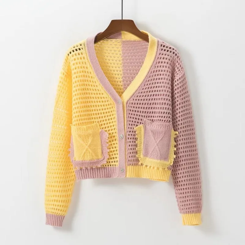 Women Clothing Vintage Contrast Color Patchwork Hollow Chic Sweetknitted Cardigan Spring Autumn V Neck Long Sleeve Sweater Coats