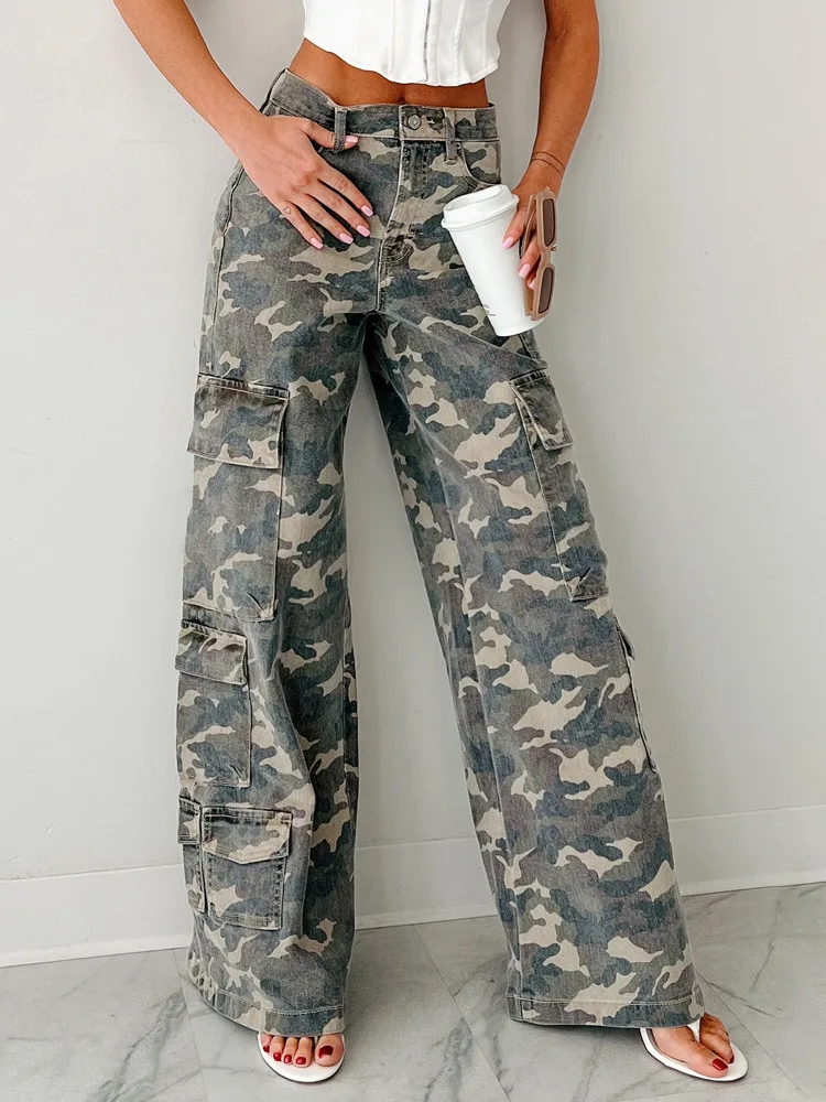 

Faionable Casual Camouflage Workwear Jeans Women's Straight Leg Distred Denim Pants Spring New Arrival Ladies Jeans