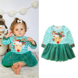 Children's European and American spring and autumn long-sleeved striped trendy girls Christmas style elk dress children'