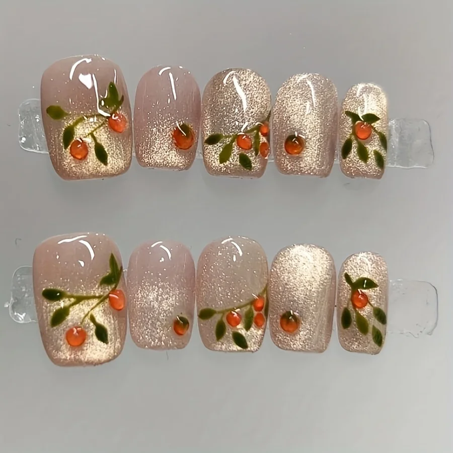 10pcs Pure Hand Pressed Short Square Nail Art, Beautiful Fake Nails, Orange Glitter Persimmon Nail Art, Suitable for Women to Us