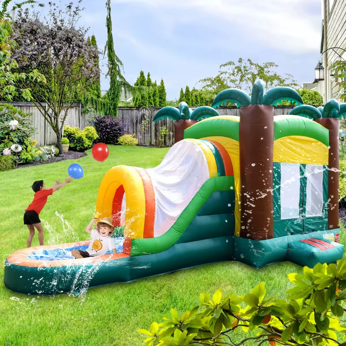 Rental Grade Palm Green Bouncer Combo Bouncy Castle Inflatable Bounce House &Inflatable Water Slide With Pool For Kids Backyard