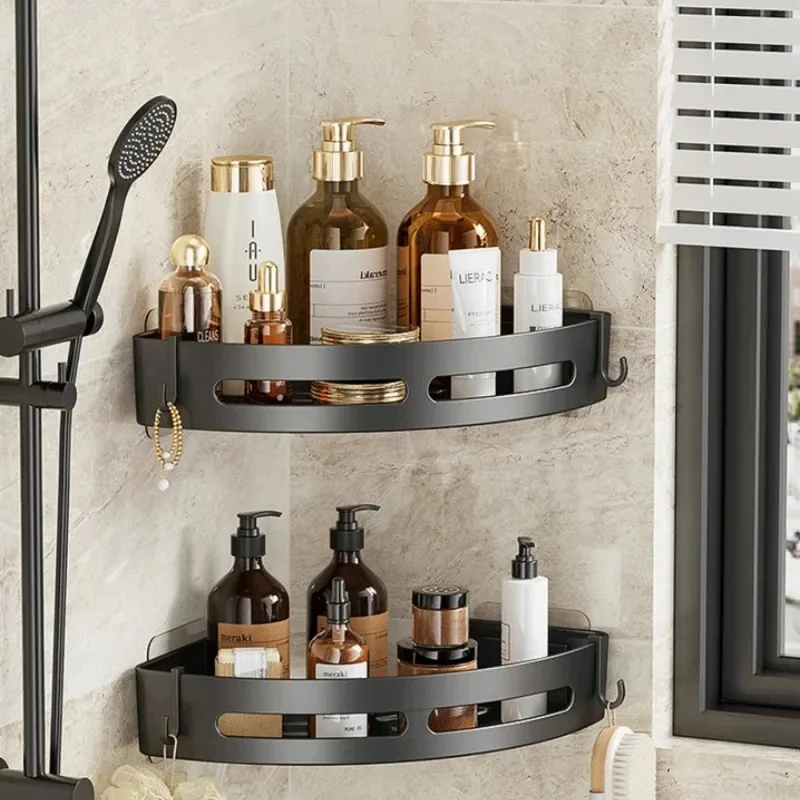 1-2 non drilling adhesive bathroom racks, plastic triangular shampoo racks, wall mounted storage racks in bathroom shower areas