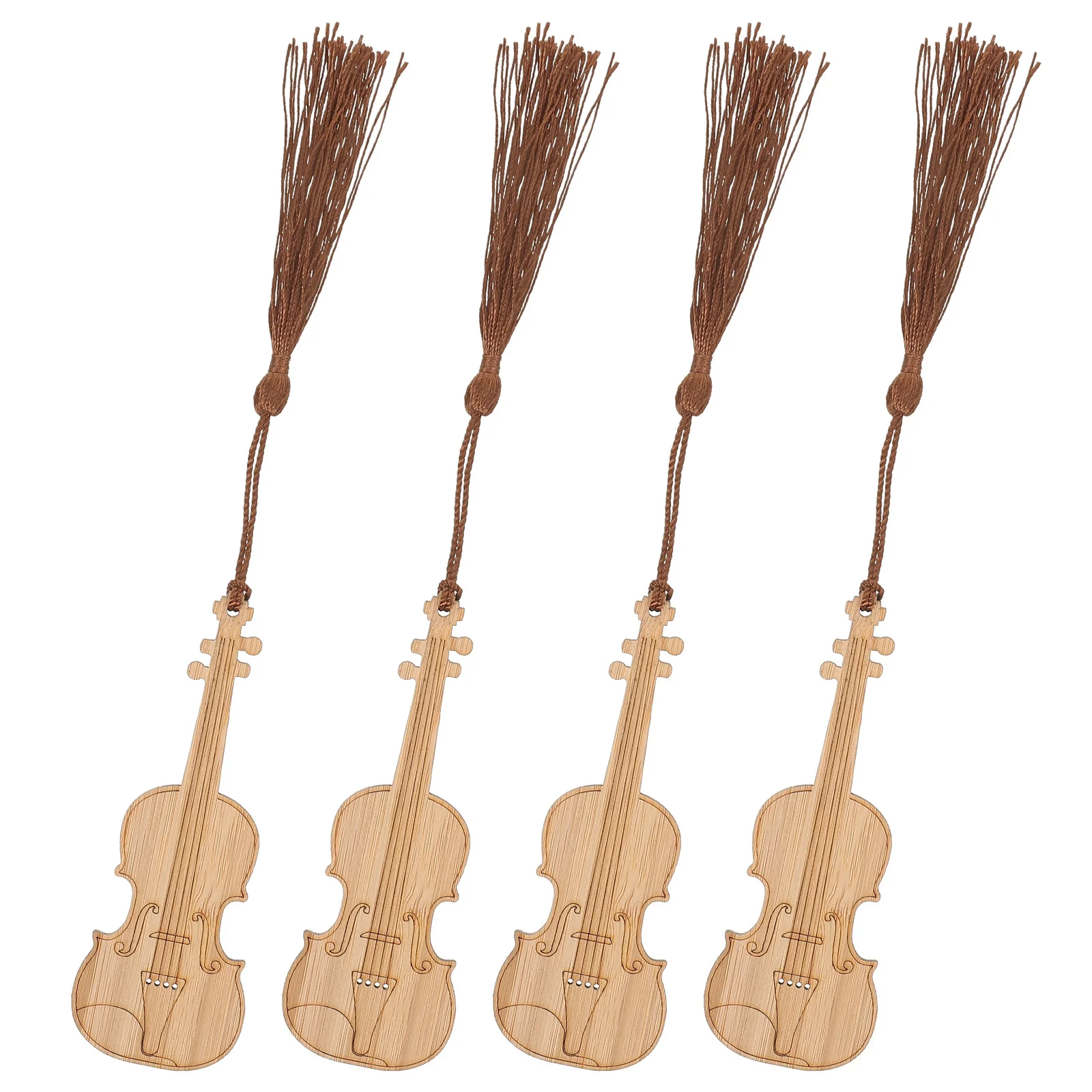 

4pcs Violin Bookmarks Bamboo Music Decor Reading Markers Tassel Brown Elegant Gifts Women Accessories Student Supplies