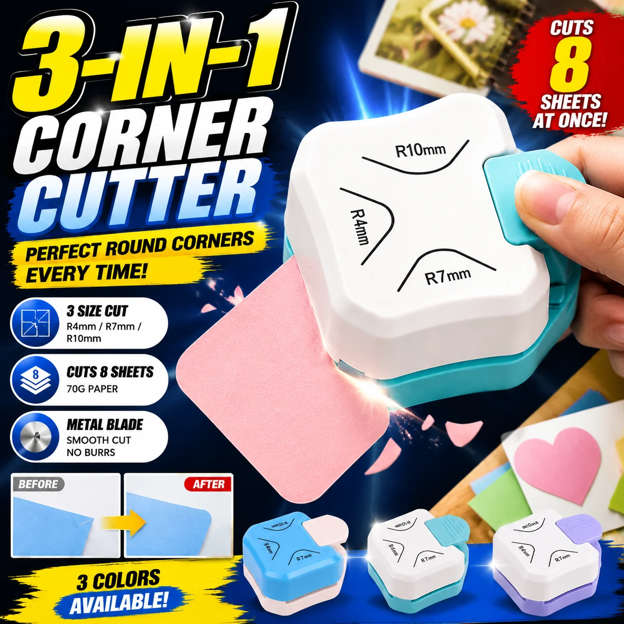 3in1 Corner Rounder Puncher R4 R7 R10mm Corner Cutting Machine High Hardness Blade Smooth Edges For DIY Scrapbooking Paper Craft