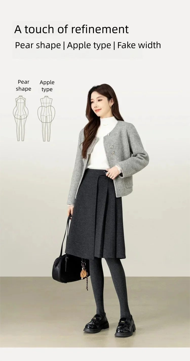 SENTUBILA Damen-Plisseerock aus Wollmischung 2026, hochtaillierter A-Linien-Midirock, eleganter, einfarbiger Winterrock für Damen im Büro 154QP5742 – Detail 7